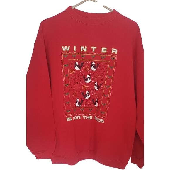 Manhattan Plaza Tops - Vintage 90s Red Manhattan Plaza "Winter is for the Birds" Sweatshirt, Size Large
